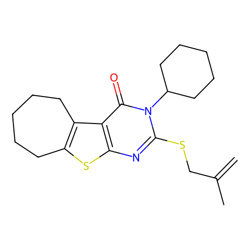 3-cyclohexyl-2-((2-methylallyl)thio)-6,7,8,9-tetrahydro-3H-cyclohepta[4,5]thieno[2,3-d]pyrimidin-4(5H)-one structure