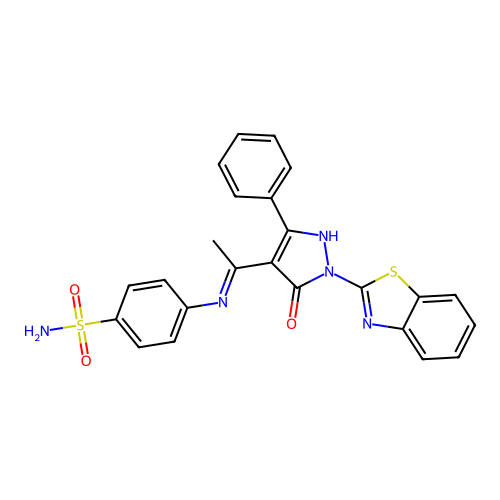 4-({(1E)-1-[2-(1,3-benzothiazol-2-yl)-3-oxo-5-phenyl-2,3-dihydro-1H-pyrazol-4-yl]ethylidene}amino)benzenesulfonamide structure
