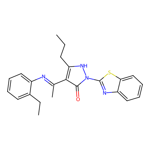 (4E)-2-(1,3-benzothiazol-2-yl)-4-{1-[(2-ethylphenyl)amino]ethylidene}-5-propyl-2,4-dihydro-3H-pyrazol-3-one structure