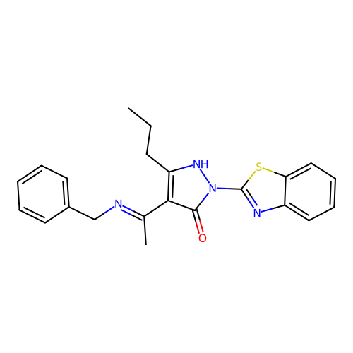 (4E)-2-(1,3-benzothiazol-2-yl)-4-[1-(benzylamino)ethylidene]-5-propyl-2,4-dihydro-3H-pyrazol-3-one structure