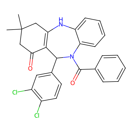 10-benzoyl-11-(3,4-dichlorophenyl)-3,3-dimethyl-2,3,4,5,10,11-hexahydro-1H-dibenzo[b,e][1,4]diazepin-1-one structure