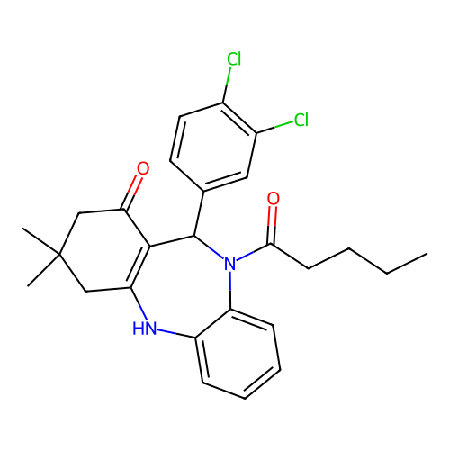 11-(3,4-dichlorophenyl)-3,3-dimethyl-10-pentanoyl-2,3,4,5,10,11-hexahydro-1H-dibenzo[b,e][1,4]diazepin-1-one structure