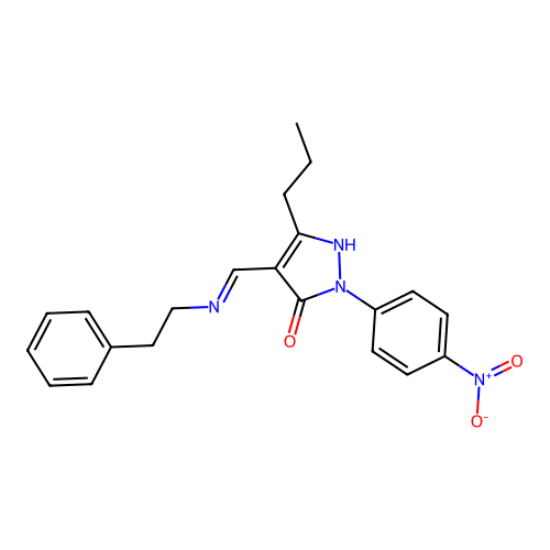 2-(4-nitrophenyl)-4-{(E)-[(2-phenylethyl)imino]methyl}-5-propyl-1,2-dihydro-3H-pyrazol-3-one structure