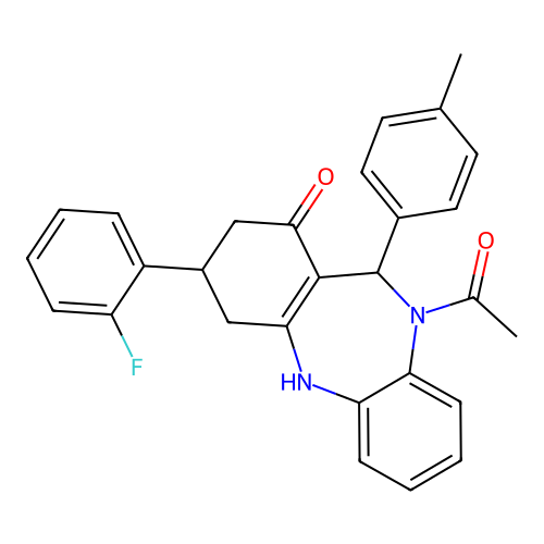 10-acetyl-3-(2-fluorophenyl)-11-(4-methylphenyl)-2,3,4,5,10,11-hexahydro-1H-dibenzo[b,e][1,4]diazepin-1-one structure