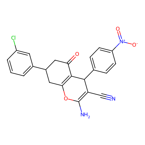 2-amino-7-(3-chlorophenyl)-4-(4-nitrophenyl)-5-oxo-5,6,7,8-tetrahydro-4H-chromene-3-carbonitrile structure