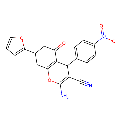 2-amino-7-(furan-2-yl)-4-(4-nitrophenyl)-5-oxo-5,6,7,8-tetrahydro-4H-chromene-3-carbonitrile structure