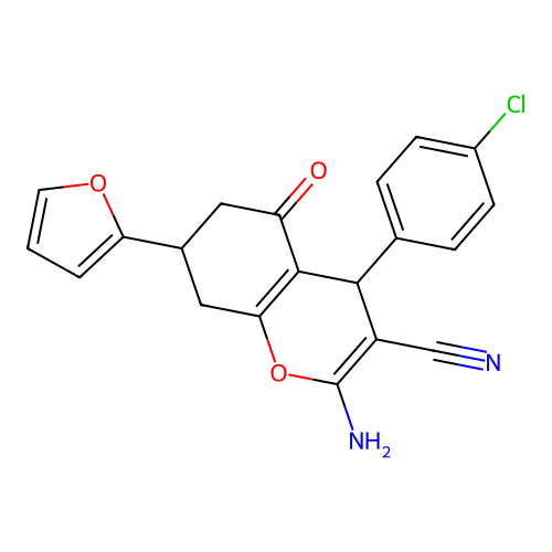 2-amino-4-(4-chlorophenyl)-7-(furan-2-yl)-5-oxo-5,6,7,8-tetrahydro-4H-chromene-3-carbonitrile structure