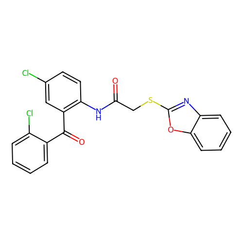 2-benzooxazol-2-ylsulfanyl-N-[4-chloro-2-(2-chlorobenzoyl)phenyl]acetamide structure