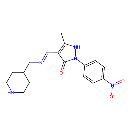 (4E)-5-methyl-2-(4-nitrophenyl)-4-{[(piperidin-4-ylmethyl)amino]methylidene}-2,4-dihydro-3H-pyrazol-3-one structure