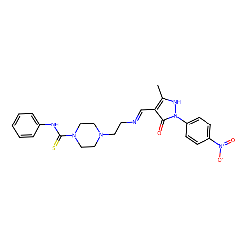 4-[2-({[3-methyl-1-(4-nitrophenyl)-5-oxo-1,5-dihydro-4H-pyrazol-4-ylidene]methyl}amino)ethyl]-N-phenyl-1-piperazinecarbothioamide structure