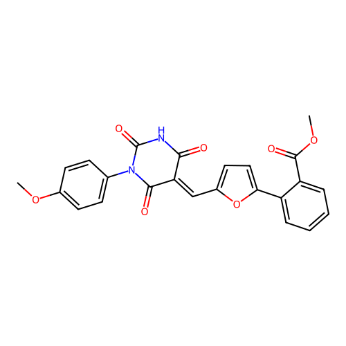(E)-methyl 2-(5-((1-(4-methoxyphenyl)-2,4,6-trioxotetrahydropyrimidin-5(2H)-ylidene)methyl)furan-2-yl)benzoate structure