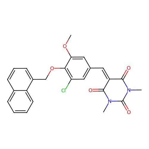 5-(3-chloro-5-methoxy-4-(naphthalen-1-ylmethoxy)benzylidene)-1,3-dimethylpyrimidine-2,4,6(1H,3H,5H)-trione structure