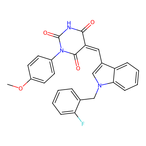 (5Z)-5-[[1-[(2-fluorophenyl)methyl]indol-3-yl]methylidene]-1-(4-methoxyphenyl)-1,3-diazinane-2,4,6-trione structure