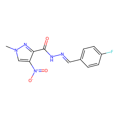 (E)-N'-(4-fluorobenzylidene)-1-methyl-4-nitro-1H-pyrazole-3-carbohydrazide structure