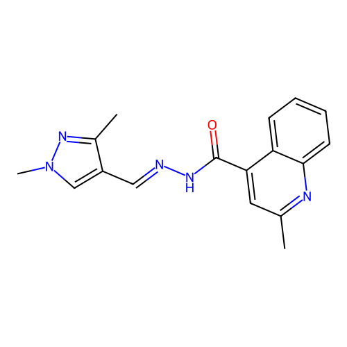 (E)-N'-((1,3-dimethyl-1H-pyrazol-4-yl)methylene)-2-methylquinoline-4-carbohydrazide structure