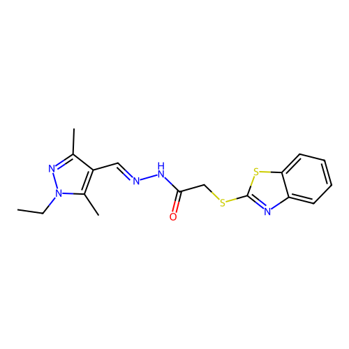 (E)-2-(benzo[d]thiazol-2-ylthio)-N'-((1-ethyl-3,5-dimethyl-1H-pyrazol-4-yl)methylene)acetohydrazide structure