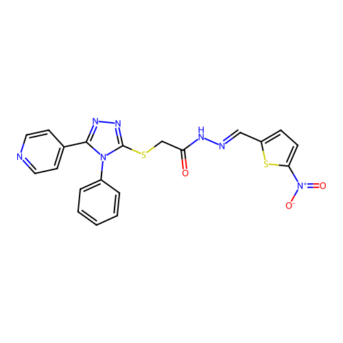 N-[(E)-(5-nitrothiophen-2-yl)methylideneamino]-2-[(4-phenyl-5-pyridin-4-yl-1,2,4-triazol-3-yl)sulfanyl]acetamide structure
