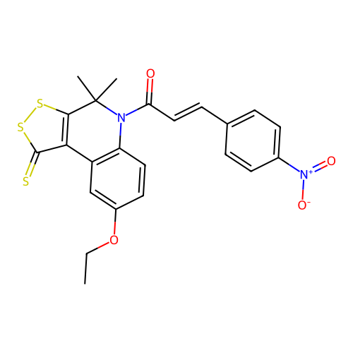 (2E)-1-(8-ethoxy-4,4-dimethyl-1-thioxo-1,4-dihydro-5H-[1,2]dithiolo[3,4-c]quinolin-5-yl)-3-(4-nitrophenyl)prop-2-en-1-one structure