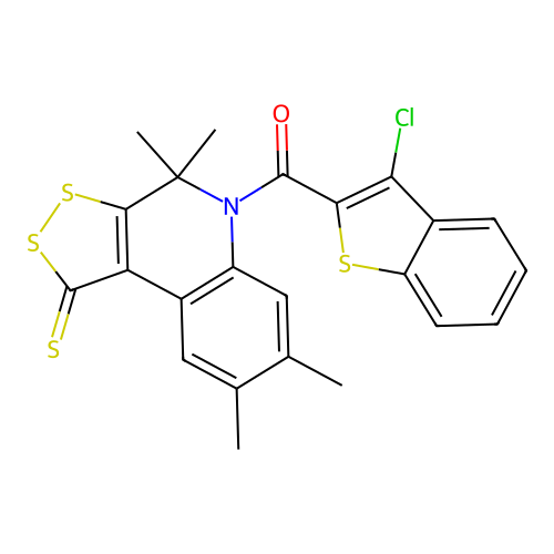 (3-chloro-1-benzothiophen-2-yl)(4,4,7,8-tetramethyl-1-thioxo-1,4-dihydro-5H-[1,2]dithiolo[3,4-c]quinolin-5-yl)methanone structure