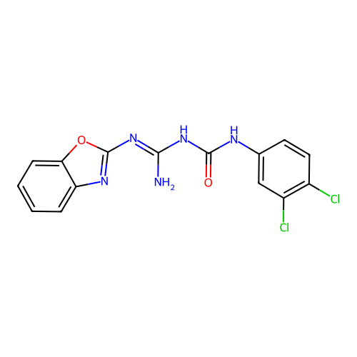 (E)-1-(amino(benzo[d]oxazol-2-ylamino)methylene)-3-(3,4-dichlorophenyl)urea structure