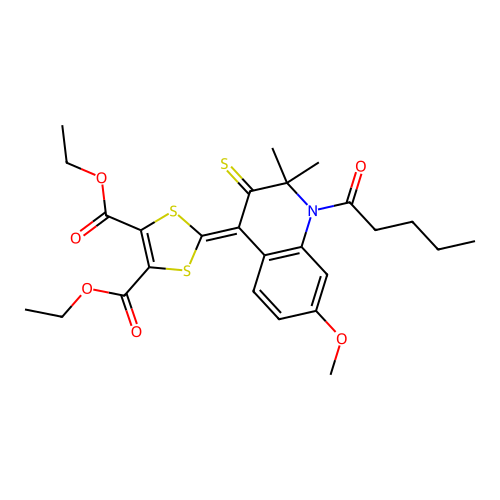 Diethyl 2-(7-methoxy-2,2-dimethyl-1-pentanoyl-3-sulfanylidene-2,3-dihydroquinolin-4(1H)-ylidene)-2H-1,3-dithiole-4,5-dicarboxylate structure
