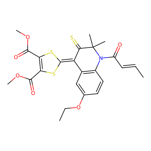 dimethyl 2-(1-(2-butenoyl)-6-(ethyloxy)-2,2-dimethyl-3-thioxo-2,3-dihydro-4(1H)-quinolinylidene)-1,3-dithiole-4,5-dicarboxylate structure