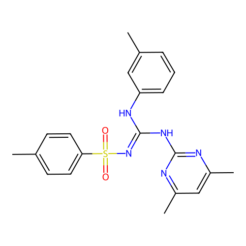 (E)-N-(((4,6-dimethylpyrimidin-2-yl)amino)(m-tolylamino)methylene)-4-methylbenzenesulfonamide structure