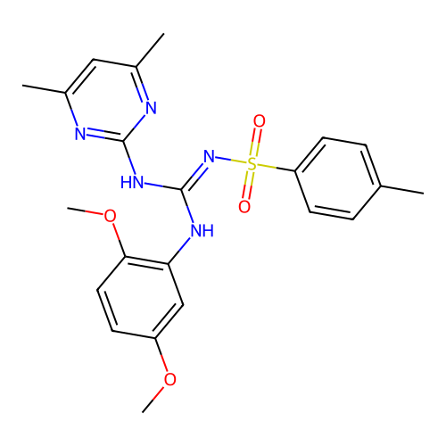 (E)-N-(((2,5-dimethoxyphenyl)amino)((4,6-dimethylpyrimidin-2-yl)amino)methylene)-4-methylbenzenesulfonamide structure