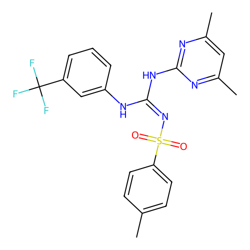 (E)-N-(((4,6-dimethylpyrimidin-2-yl)amino)((3-(trifluoromethyl)phenyl)amino)methylene)-4-methylbenzenesulfonamide structure