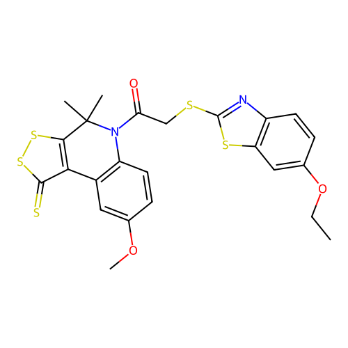 2-[(6-ethoxy-1,3-benzothiazol-2-yl)sulfanyl]-1-(8-methoxy-4,4-dimethyl-1-thioxo-1,4-dihydro-5H-[1,2]dithiolo[3,4-c]quinolin-5-yl)ethanone structure
