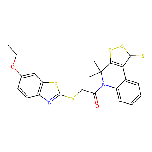 1-(4,4-dimethyl-1-sulfanylidenedithiolo[3,4-c]quinolin-5-yl)-2-[(6-ethoxy-1,3-benzothiazol-2-yl)sulfanyl]ethanone structure