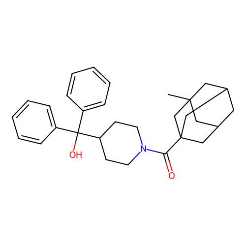 [4-(hydroxy-diphenyl-methyl)-1-piperidyl]-(3-methyl-1-adamantyl)methanone structure