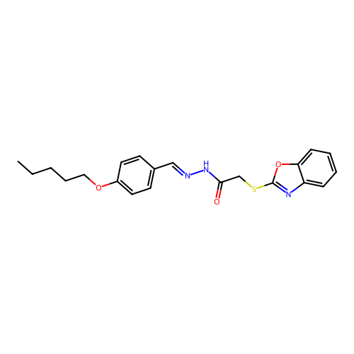 N-[(1E)-2-(4-pentyloxyphenyl)-1-azavinyl]-2-benzoxazol-2-ylthioacetamide structure