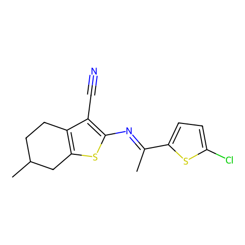 2-{[1-(5-chloro-2-thienyl)ethylidene]amino}-6-methyl-4,5,6,7-tetrahydro-1-benzothiophene-3-carbonitrile structure