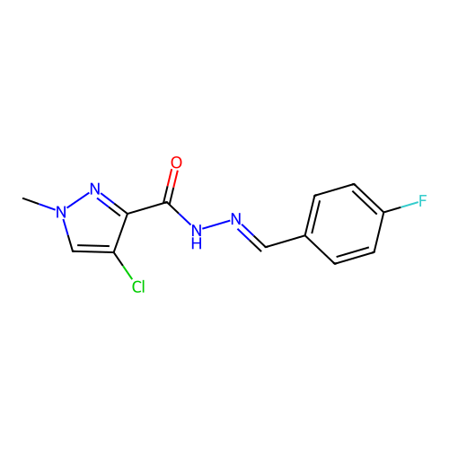 4-chloro-N-[(E)-(4-fluorophenyl)methylideneamino]-1-methylpyrazole-3-carboxamide structure