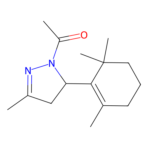 1-[3-methyl-5-(2,6,6-trimethylcyclohex-1-en-1-yl)-4,5-dihydro-1H-pyrazol-1-yl]ethanone structure