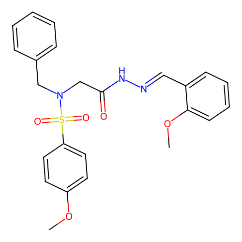 N-benzyl-4-methoxy-N-{2-[(2E)-2-(2-methoxybenzylidene)hydrazinyl]-2-oxoethyl}benzenesulfonamide (non-preferred name) structure