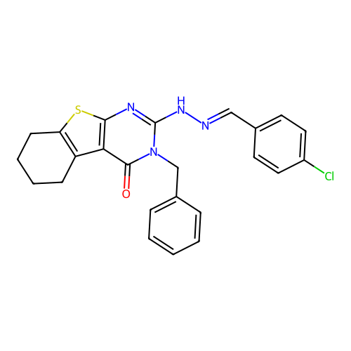 3-benzyl-2-[(2E)-2-(4-chlorobenzylidene)hydrazinyl]-5,6,7,8-tetrahydro[1]benzothieno[2,3-d]pyrimidin-4(3H)-one structure