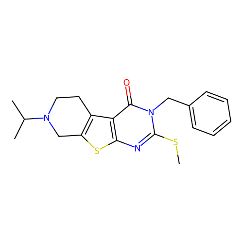 3-benzyl-2-(methylsulfanyl)-7-(propan-2-yl)-5,6,7,8-tetrahydropyrido[4',3':4,5]thieno[2,3-d]pyrimidin-4(3H)-one structure