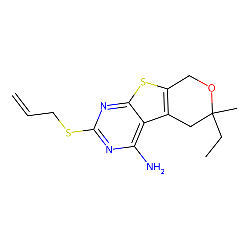 2-(allylthio)-6-ethyl-6-methyl-6,8-dihydro-5H-pyrano[4',3':4,5]thieno[2,3-d]pyrimidin-4-amine structure