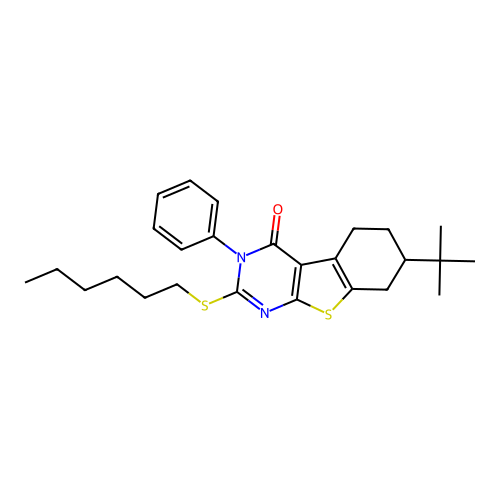 7-tert-butyl-2-(hexylsulfanyl)-3-phenyl-5,6,7,8-tetrahydro[1]benzothieno[2,3-d]pyrimidin-4(3H)-one structure
