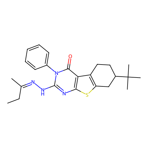 (Z)-2-(2-(butan-2-ylidene)hydrazinyl)-7-(tert-butyl)-3-phenyl-5,6,7,8-tetrahydrobenzo[4,5]thieno[2,3-d]pyrimidin-4(3H)-one structure