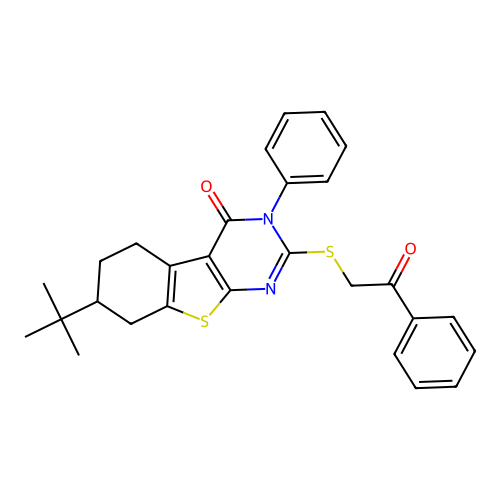 7-(tert-butyl)-2-((2-oxo-2-phenylethyl)thio)-3-phenyl-5,6,7,8-tetrahydrobenzo[4,5]thieno[2,3-d]pyrimidin-4(3H)-one structure