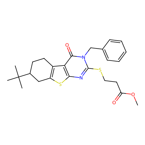methyl 3-((3-benzyl-7-(tert-butyl)-4-oxo-3,4,5,6,7,8-hexahydrobenzo[4,5]thieno[2,3-d]pyrimidin-2-yl)thio)propanoate structure