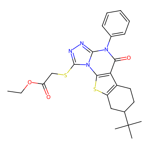 ethyl [(8-tert-butyl-5-oxo-4-phenyl-4,5,6,7,8,9-hexahydro[1]benzothieno[3,2-e][1,2,4]triazolo[4,3-a]pyrimidin-1-yl)sulfanyl]acetate structure