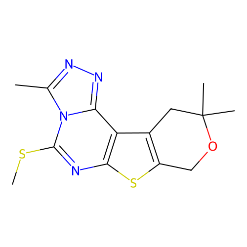 3,10,10-trimethyl-5-(methylsulfanyl)-10,11-dihydro-8H-pyrano[4',3':4,5]thieno[3,2-e][1,2,4]triazolo[4,3-c]pyrimidine structure
