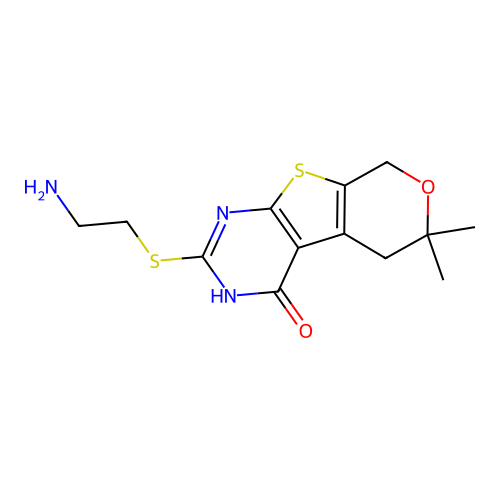 2-((2-aminoethyl)thio)-6,6-dimethyl-5,6-dihydro-3H-pyrano[4',3':4,5]thieno[2,3-d]pyrimidin-4(8H)-one structure