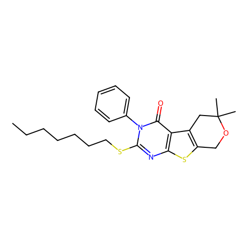 2-(heptylsulfanyl)-6,6-dimethyl-3-phenyl-3,5,6,8-tetrahydro-4H-pyrano[4',3':4,5]thieno[2,3-d]pyrimidin-4-one structure