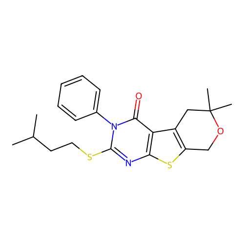 2-(isopentylthio)-6,6-dimethyl-3-phenyl-5,6-dihydro-3H-pyrano[4',3':4,5]thieno[2,3-d]pyrimidin-4(8H)-one structure
