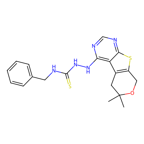 N-benzyl-2-(6,6-dimethyl-5,8-dihydro-6H-pyrano[4',3':4,5]thieno[2,3-d]pyrimidin-4-yl)hydrazinecarbothioamide structure